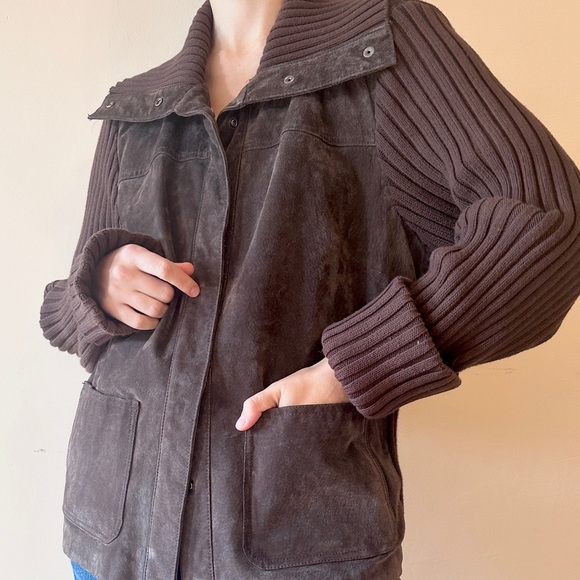 VINTAGE STYLE CHOCOLATE SUEDE LEATHER KNIT BLAZER JACKET OVERSIZED RELAXED M-XL - Picture 3 of 12